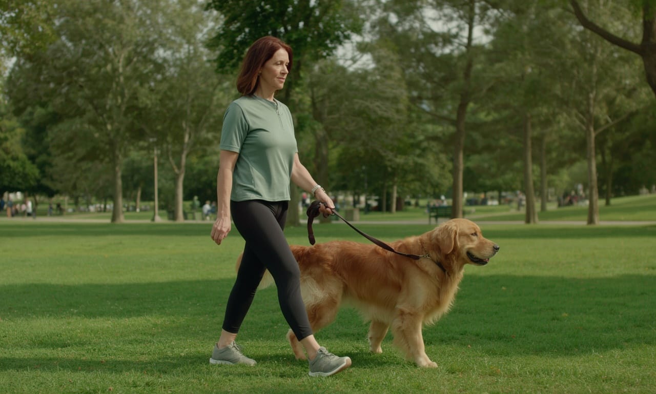 woman walking at park with a golden retriever